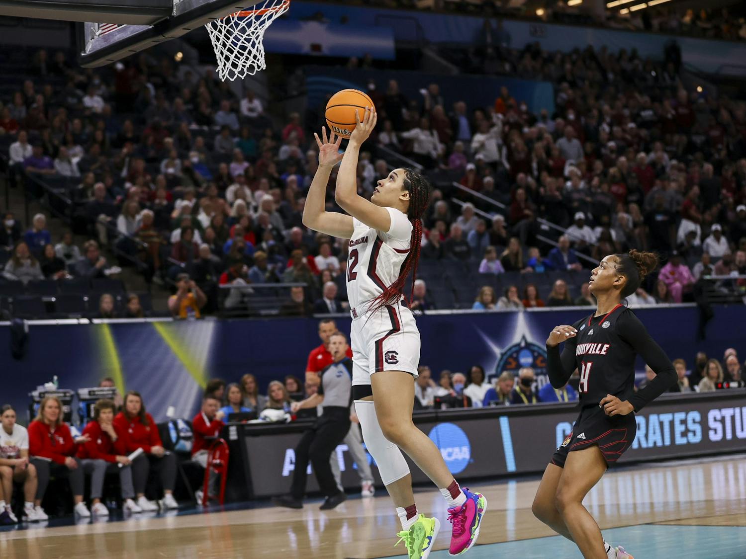 Junior guard Brea Beal goes for a layup during the second quarter of South Carolina's 72-59 victory over Louisville on April 1, 2022, advancing to the National Championship game.