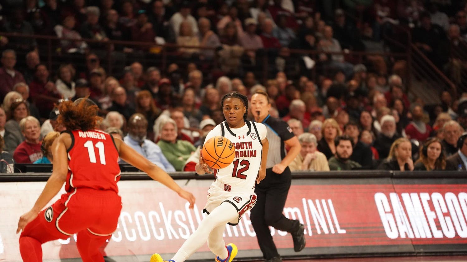 Freshman guard MiLaysia Fulwiley drives up the court during South Carolina's game against Georgia on Feb. 18, 2024, at Colonial Life Arena. Fulwiley scored 4 points in just over 15 minutes of playing time during the Gamecocks' 70-56 victory over the Bulldogs.