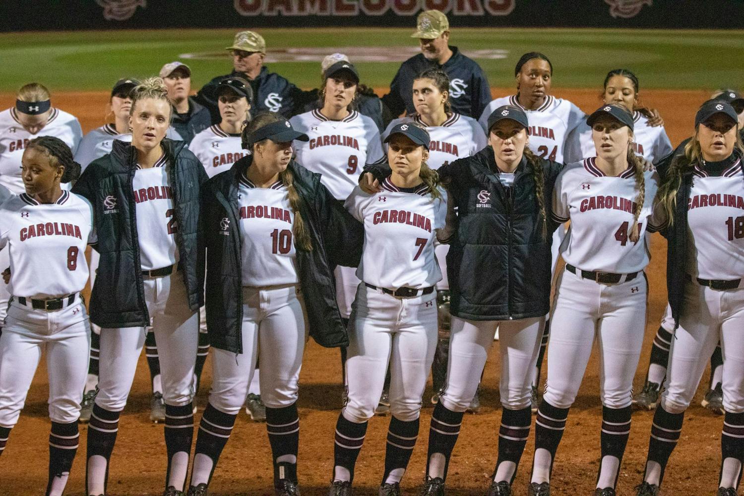 Members of the South Carolina softball team gather near home plate for the alma mater following its game against Mississippi State on April 5, 2024. The ɫɫƵs lost to the Bulldogs 6-0 and are 27-11 overall in the season.