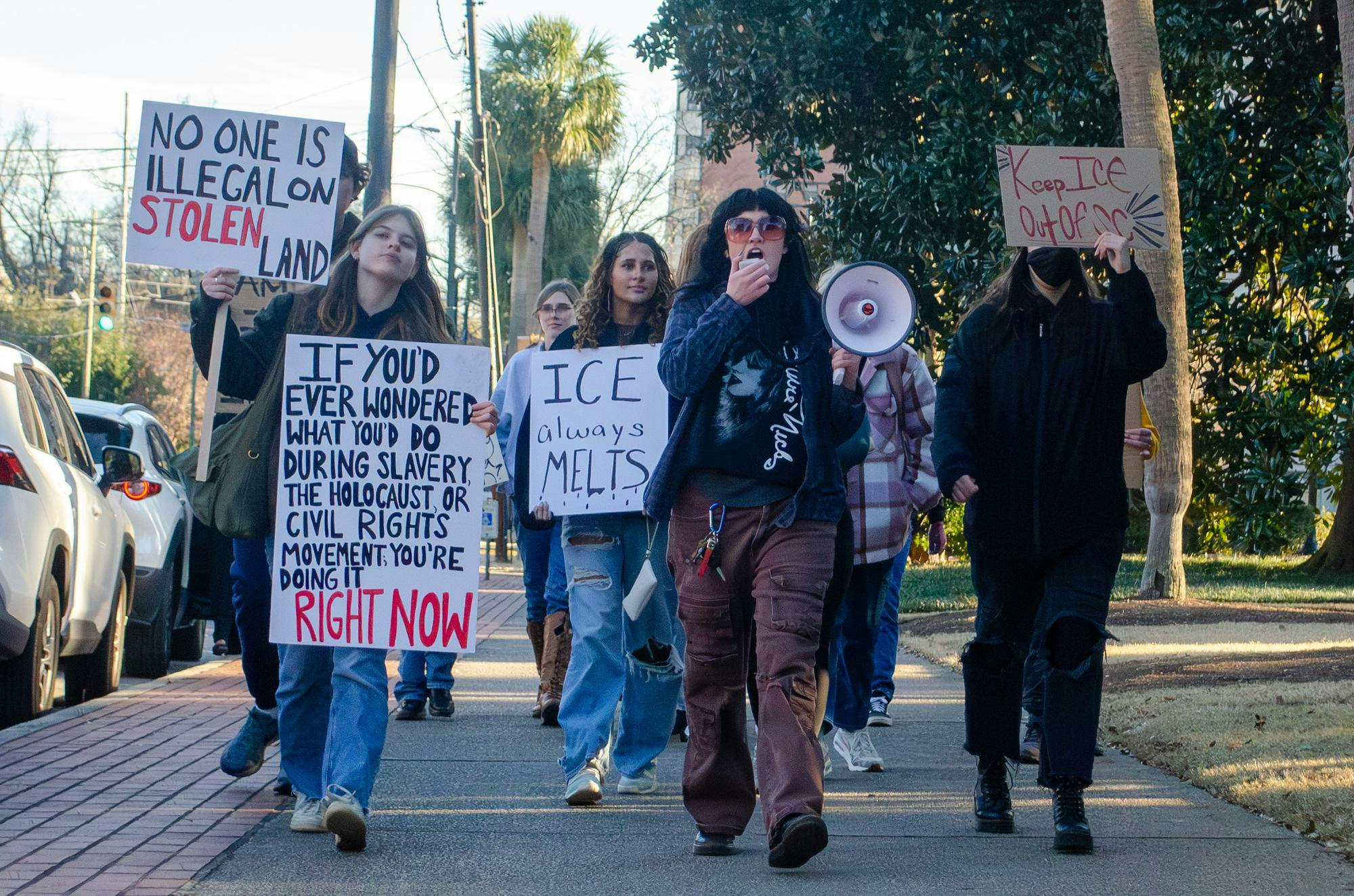 A group of students marches from campus to the statehouse to join a larger protest in Columbia, South Carolina, on Jan. 20, 2026. The student walkout protest was connected to a 5 p.m. protest and march at the Capitol, mainly organized by the Party for Socialism and Liberation.
