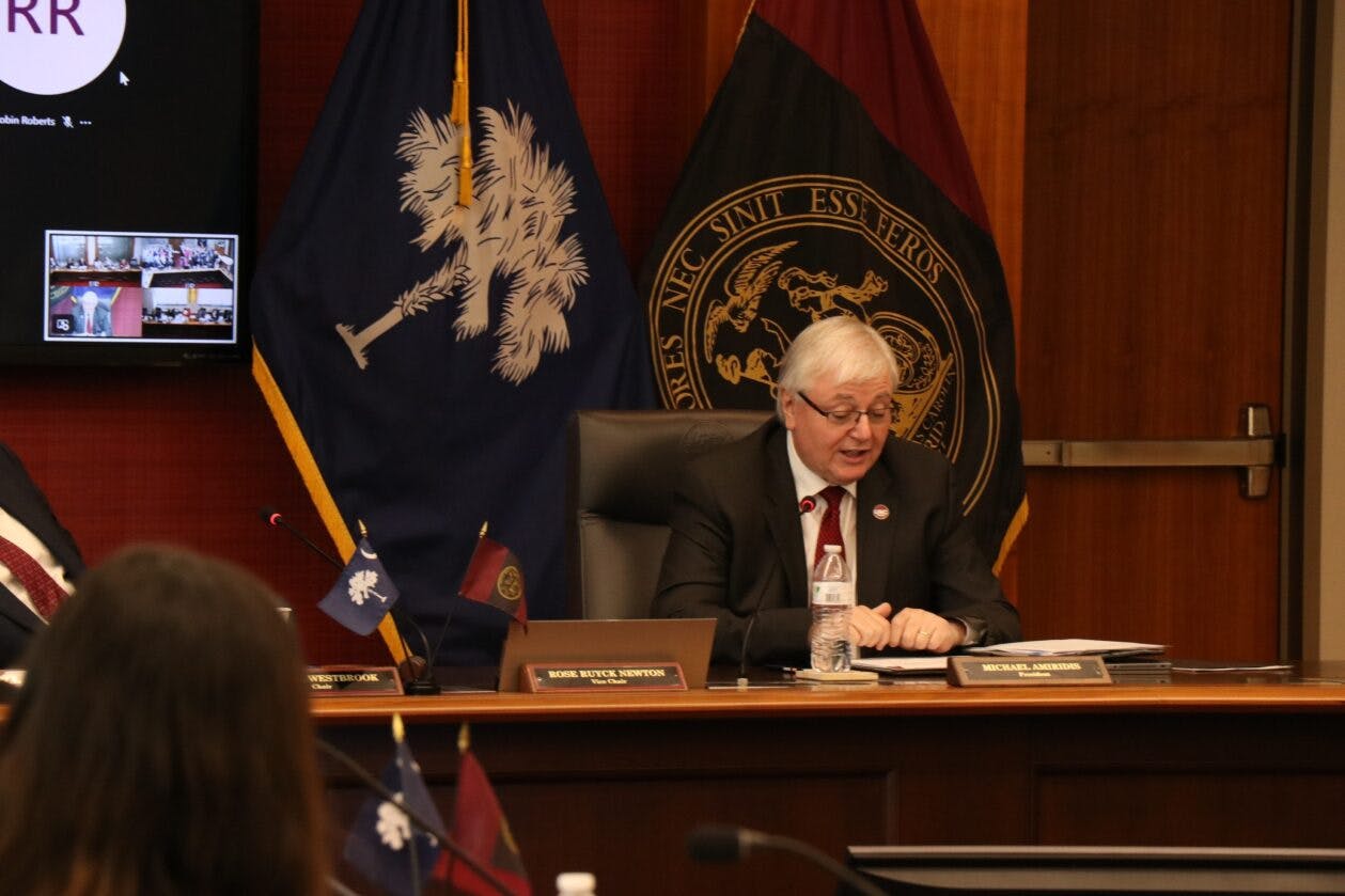 FILE — USC President Michael Amiridis speaks during a meeting of the board of trustees on April 21, 2023. 