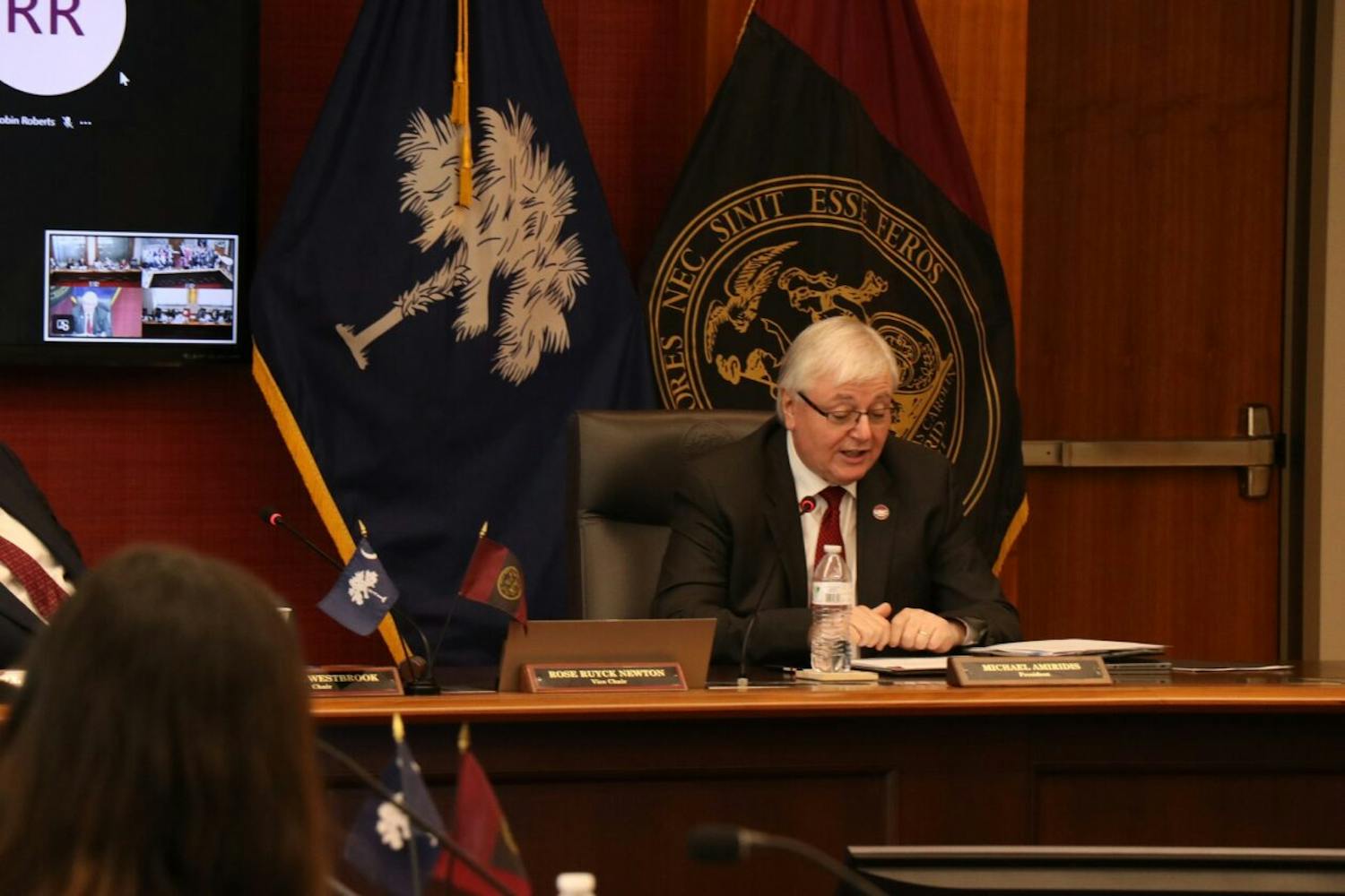 FILE — ɫɫƵ President Michael Amiridis speaks during a meeting of the board of trustees on April 21, 2023. The university announced an initiative Monday to cover tuition for qualifying high school seniors in the top 10% of their class.