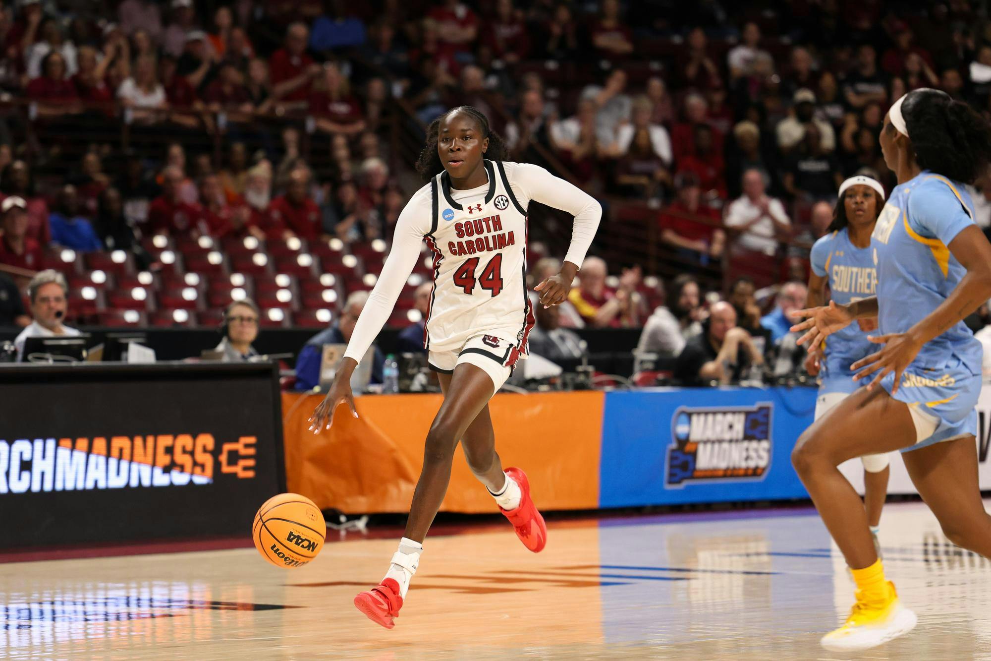 Freshman guard Agot Makeer dribbles the ball down the court during the first-round game of the NCAA Tournament against Southern University on March 21, 2026. Makeer had a career-high 15 points, in addition to 3 steals and 3 rebounds.