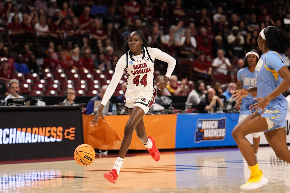<p>Freshman guard Agot Makeer dribbles the ball down the court during the first-round game of the NCAA Tournament against Southern University on March 21, 2026. Makeer had a career-high 15 points, in addition to 3 steals and 3 rebounds.</p>