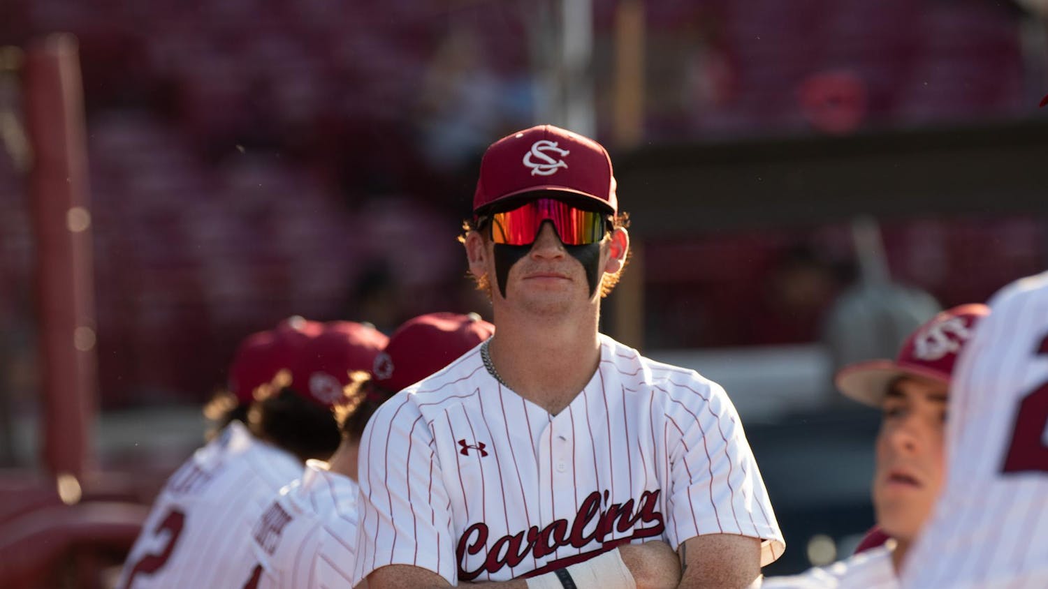 Senior catcher Dalton Reeves poses in the dugout before South Carolina's matchup against Arkansas on April 19, 2024, at Founders Park. Reeves saw three at-bats as the Gamecocks' designated hitter and was struck out twice by the Razorbacks.