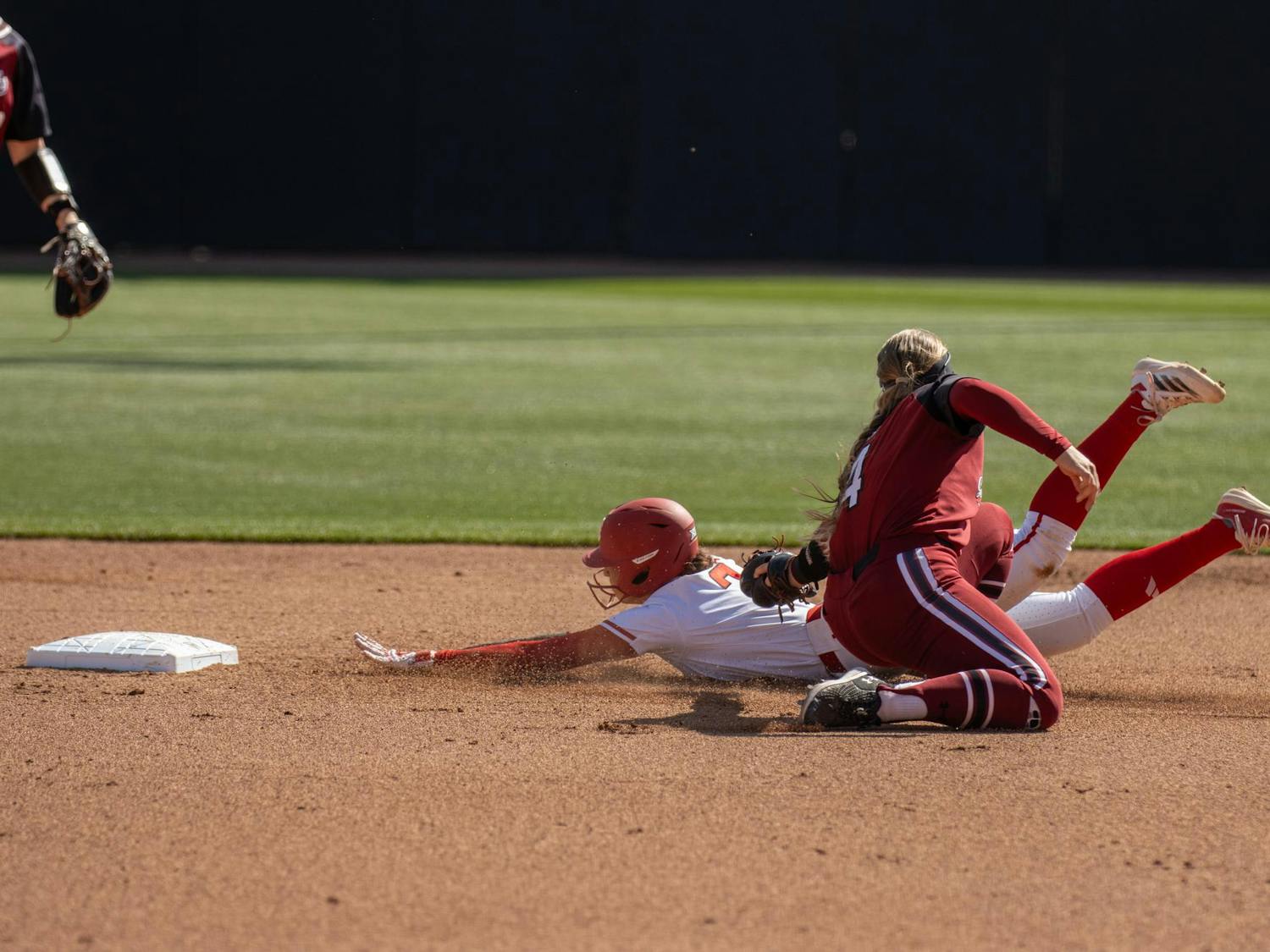 Senior infielder Brooke Blankenship tags out a Texas Tech runner on March. 22, 2025. Blankenship had a season high of four put outs on the day.