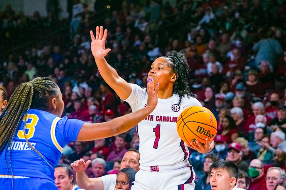 <p>Senior guard Zia Cooke looks for an open teammate during the match-up against UCLA on Nov. 29, 2022. Cooke scored 12 points within the first 35 minutes of the game. The Gamecocks beat the Bruins 73-62.</p>