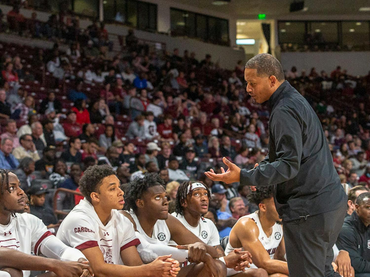 South Carolina head coach Lamont Paris provides feedback to his team during the second half of the men’s basketball season opener. The team defeated the S.C State Bulldogs 80-77 in Paris' first game as head coach.
