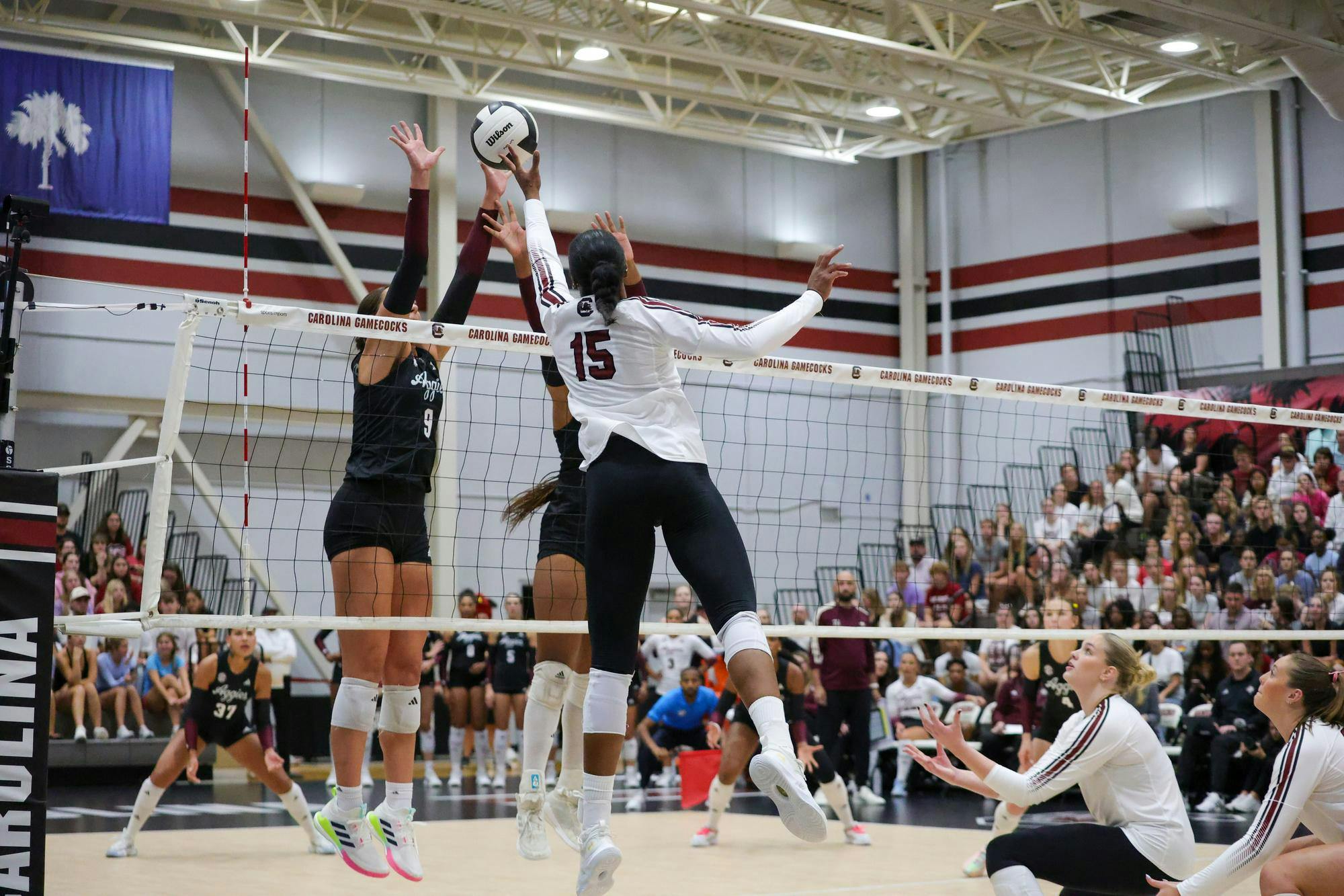 Junior outside hitter Nia Hall goes up for an attack against Texas A&amp;M at the Carolina Volleyball Center on Wednesday, Oct. 1, 2025. Hall led South Carolina with 16 kills in the match.