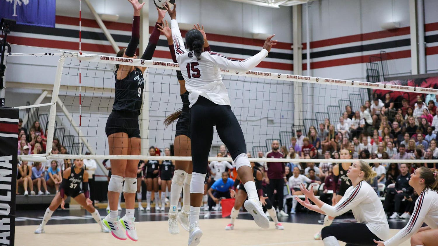 Junior outside hitter Nia Hall goes up for an attack against Texas A&M at the Carolina Volleyball Center on Wednesday, Oct. 1, 2025. Hall led South Carolina with 16 kills in the match.