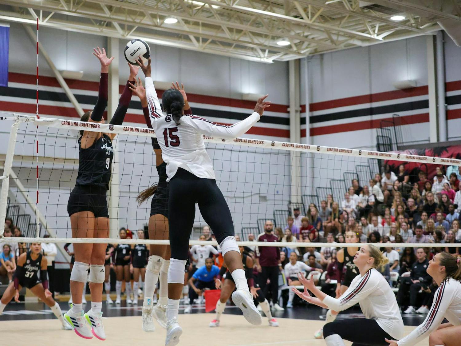 Junior outside hitter Nia Hall goes up for an attack against Texas A&M at the Carolina Volleyball Center on Wednesday, Oct. 1, 2025. Hall led South Carolina with 16 kills in the match.