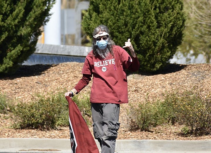 Gamecock superfan Gamecock Jesus makes an appearance at the women’s basketball team’s arrival at Colonial Life Arena.