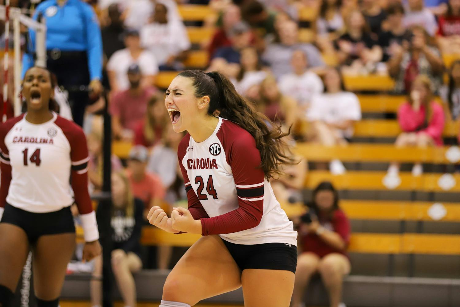 Sophomore setter Kimmie Thompson celebrates earning a point against Troy on Sept. 3, 2023. South Carolina is now 4-1 after two wins over the weekend at the Carolina Volleyball Center.