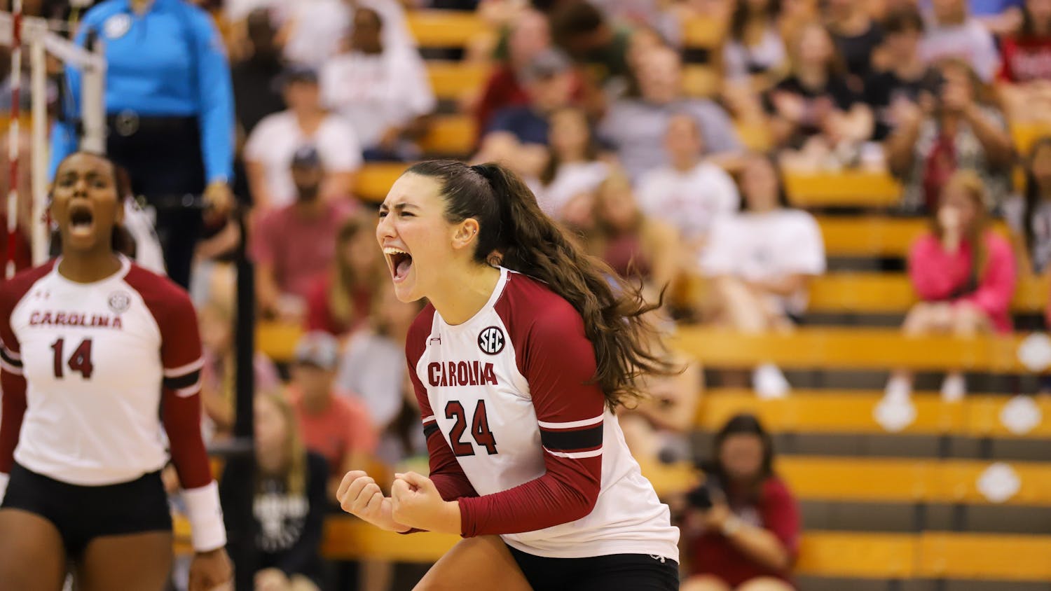 Sophomore setter Kimmie Thompson celebrates earning a point against Troy on Sept. 3, 2023. South Carolina is now 4-1 after two wins over the weekend at the Carolina Volleyball Center.