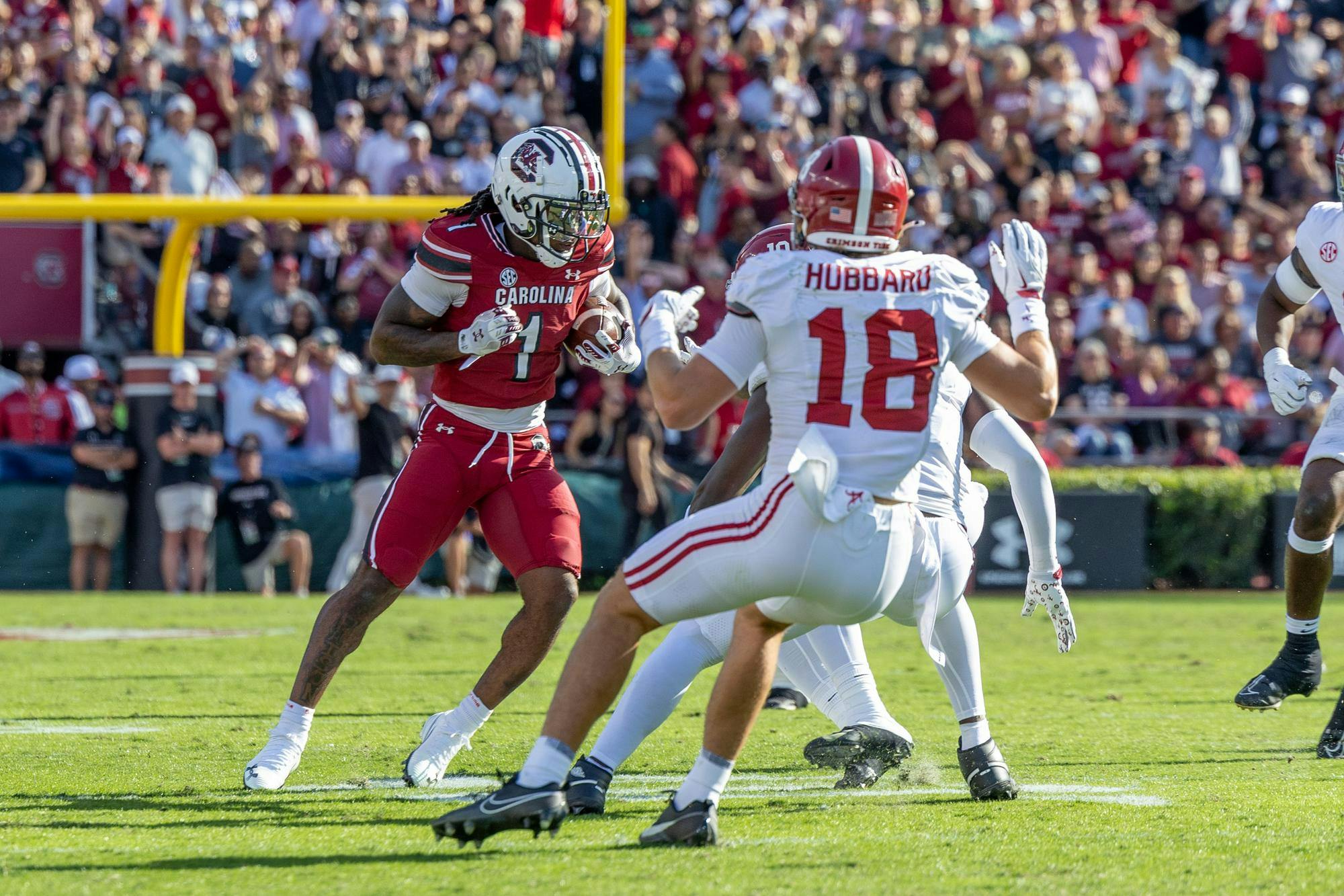Graduate running back Rahsul Faison carries the ball down the field in a game against Alabama on Oct. 25, 2025, at Williams-Brice Stadium. Faison rushed for 17 yards on five attempts against the Crimson Tide.