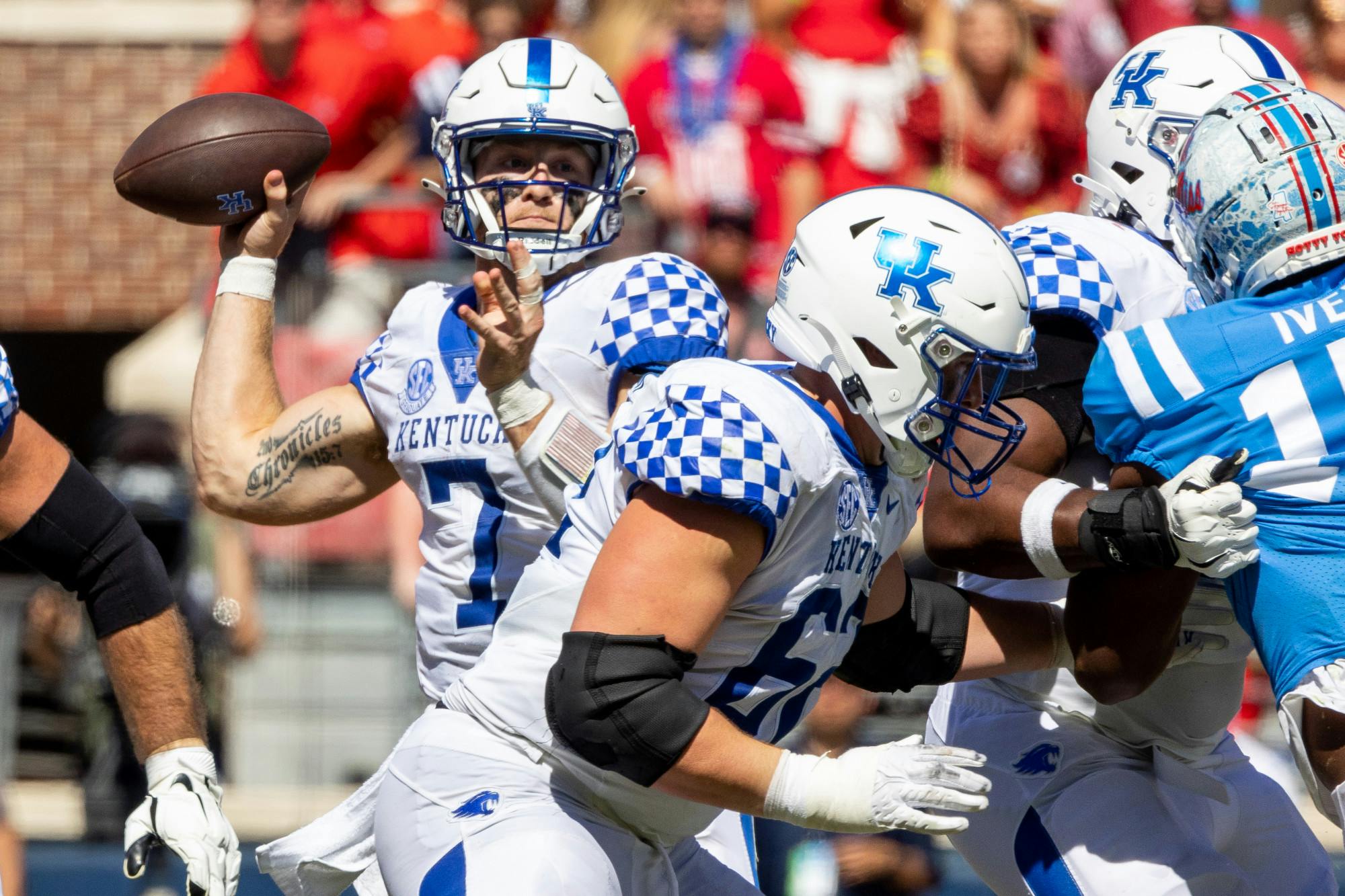 Kentucky Wildcats quarterback Will Levis (7) throws a pass during the No. 7 Kentucky vs. No. 14 Ole Miss football game on Saturday, Oct. 1, 2022, at Vaught Hemingway Stadium in Oxford, Mississippi. Ole Miss won 22-19. 