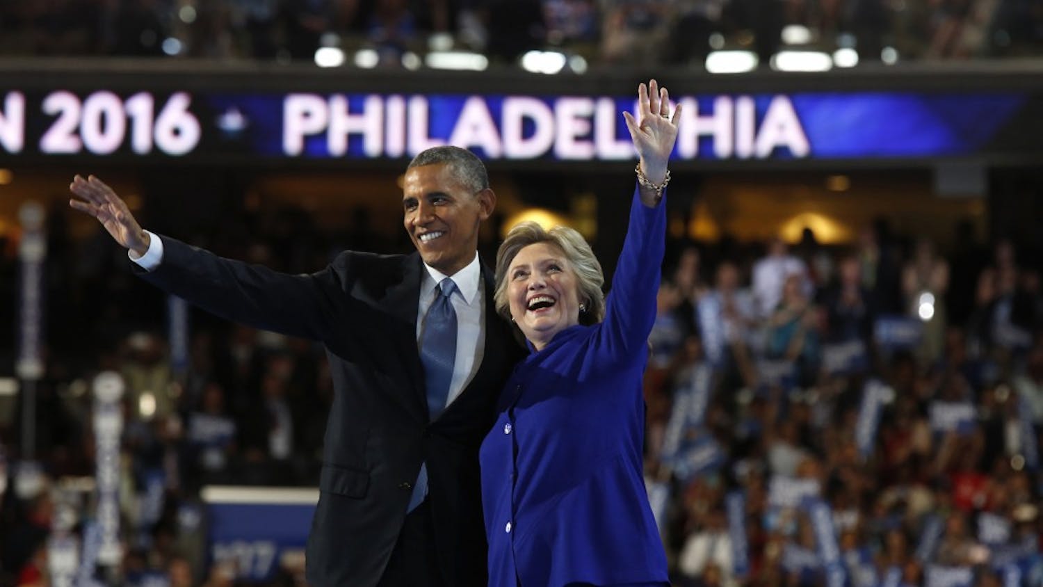 President Obama and Democratic presidential nominee Hillary Clinton on stage during the third day of the Democratic National Convention at the Wells Fargo Center in Philadelphia on Wednesday, July 27, 2016. (Carolyn Cole/Los Angeles Times/TNS)