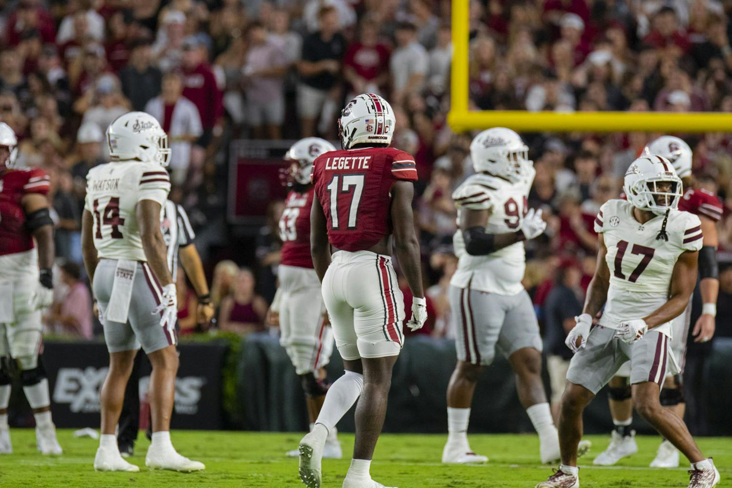 Fifth-year wide receiver Xavier Legette resets during a timeout during the Gamecocks match-up against Mississippi State at Williams-Brice Stadium on Sept. 23, 2023. Legette finished with 189 yards on five catches.
