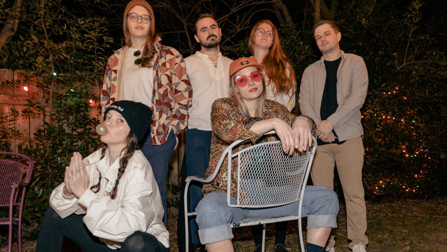 The Charlie Boy band poses for a group photo on Jan. 26, 2022. Top row, left to right: Emily McCollum (Drummer), Gabe Crawford (Guitar), Lanier S. (Bass) and Tyler Gordon (Guitar). Bottom row, left to right: Catherine Hunsinger (Cello) and Kat Hammond (Lead/ Guitar).&nbsp;