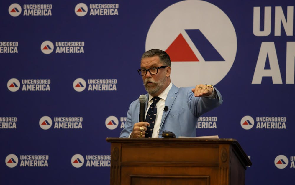 <p>Gavin McInnes, a founder of the Proud Boys, speaks to members of the University of South Carolina community at Russell House on Sept. 18, 2024. The South Carolina chapter of Uncensored America organized the "roast" of Vice President Kamala Harris.</p>