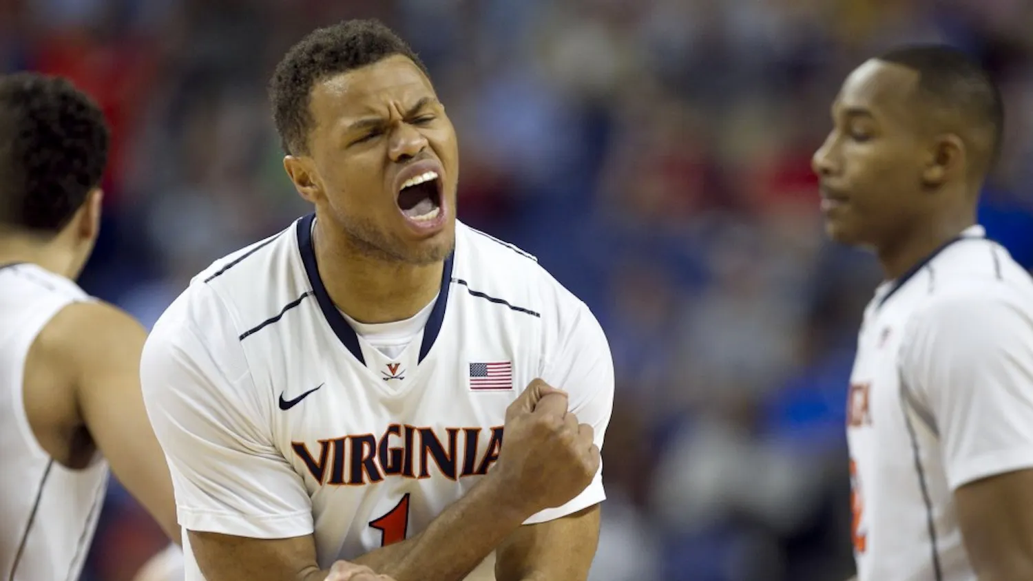 Virginia's Justin Anderson (1) reacts after the Cavaliers secured a three point lead over Pittsburgh in second half of a semifinal at the ACC Tournament in Greensboro, N.C., Saturday, March 15, 2014. Virginia defeated Pitt, 51-48. (Robert Willett/Raleigh News & Observer/MCT)