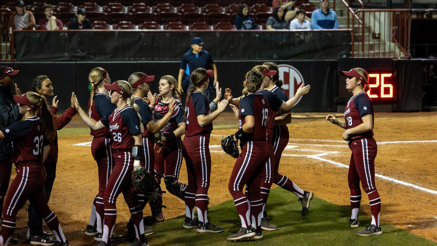 The Gamecocks celebrate the team's 8-0 win against the Spartans on March 15, 2024. The Gamecocks have an overall record of 21-7 so far for the 2024 season.