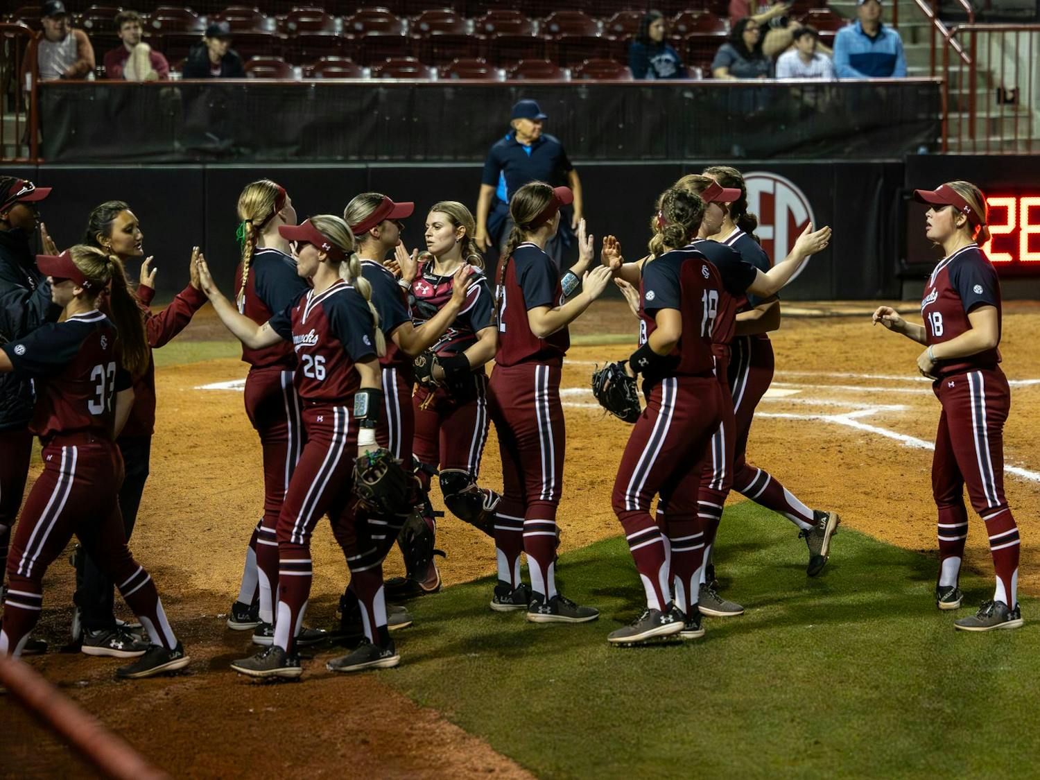 The Gamecocks celebrate the team's 8-0 win against the Spartans on March 15, 2024. The Gamecocks have an overall record of 21-7 so far for the 2024 season.