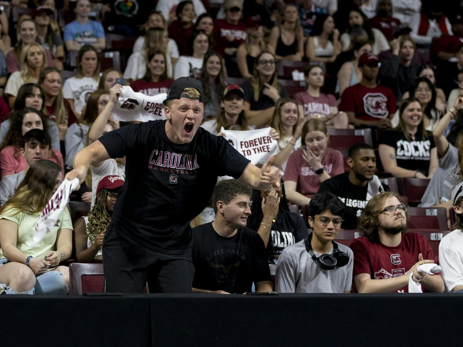 Second-year accounting and finance student Kallsen Wright screams in the front row of Colonial Life Arena on April 8, 2024. Attendees in the front row of the women's basketball homecoming event arrived at the arena before noon to secure their seats.