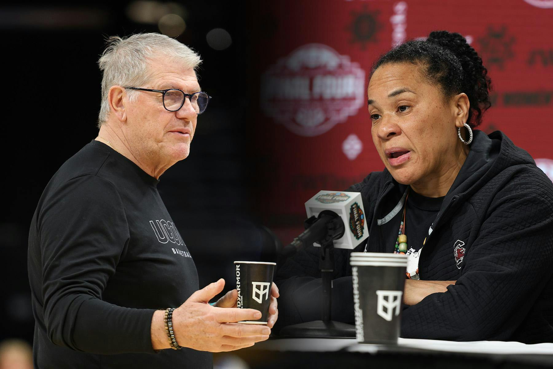 UConn women's basketball coach and South Carolina women's basketball coach Dawn Staley during pregame practice and interviews on Apr. 2, 2026. The two teams will face off in the Final Four matchup of March Madness.