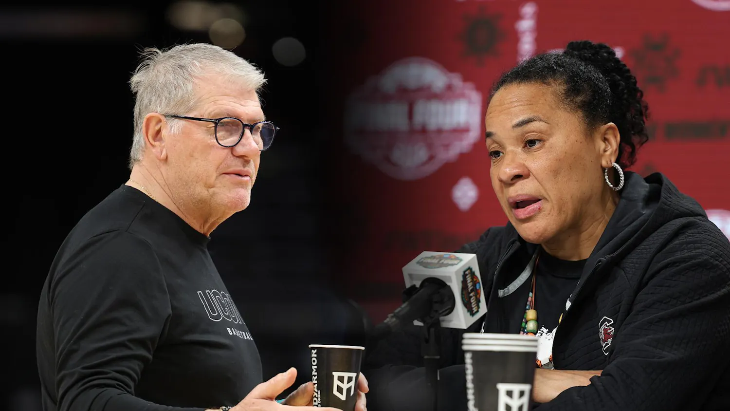 UConn women's basketball coach and South Carolina women's basketball coach Dawn Staley during pregame practice and interviews on Apr. 2, 2026. The two teams will face off in the Final Four matchup of March Madness.