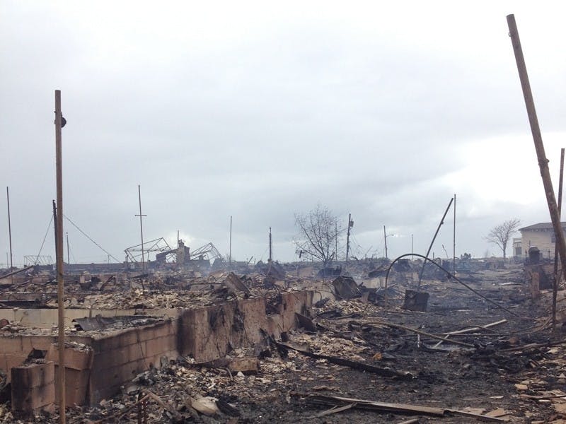 Neighborhood of burnt houses in Breezy Point, NY.