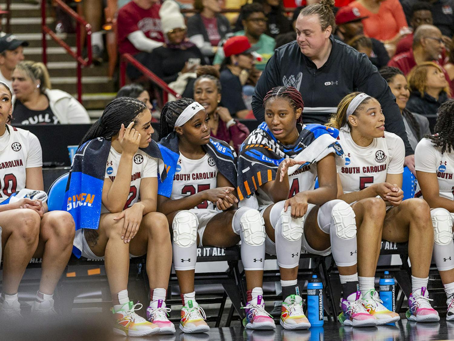 From left to right: Senior guard Brea Beal, redshirt freshman guard Raven Johnson and senior forward Aliyah Boston chat during the last couple minutes of the match against UCLA at Bon Secours Wellness Arena in Greenville, South Carolina, on March 25, 2023. The Gamecocks beat the Bruins 59-43.