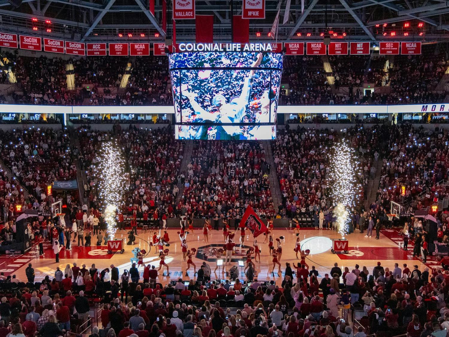 Sparks shoot from the court as a pre-game video plays at Colonial Life Arena on Jan. 24, 2025. 18,000 fans packed the arena as the No. 2 Gamecocks took on the No. 5 LSU Tigers.