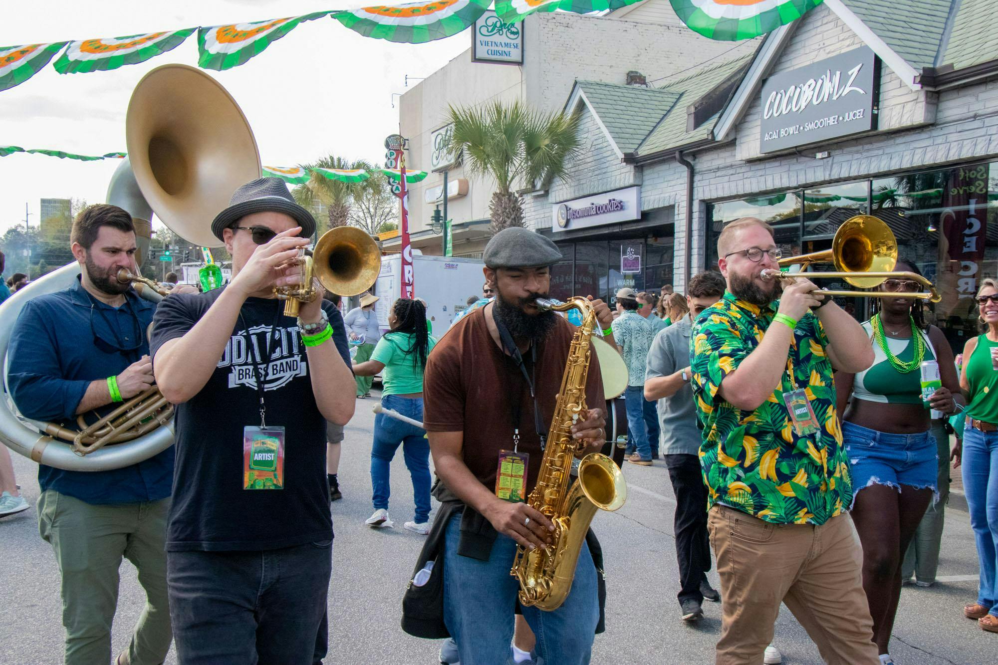 Soda City Brass Band played throughout the streets of Five Points during St. Pat's in Five Points in Columbia, South Carolina on March 16, 2024. The band, known for traditional and contemporary New Orleans brass band music, also performed on the Fountain Stage as part of Saturday’s music lineup.