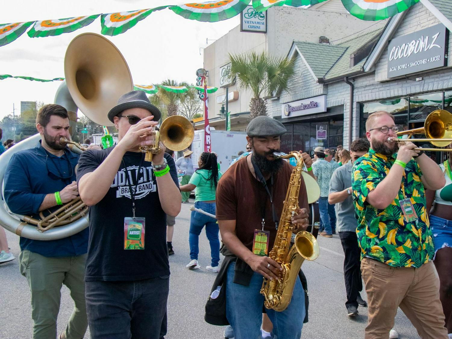 Soda City Brass Band played throughout the streets of Five Points during St. Pat's in Five Points in Columbia, South Carolina on March 16, 2024. The band, known for traditional and contemporary New Orleans brass band music, also performed on the Fountain Stage as part of Saturday’s music lineup.