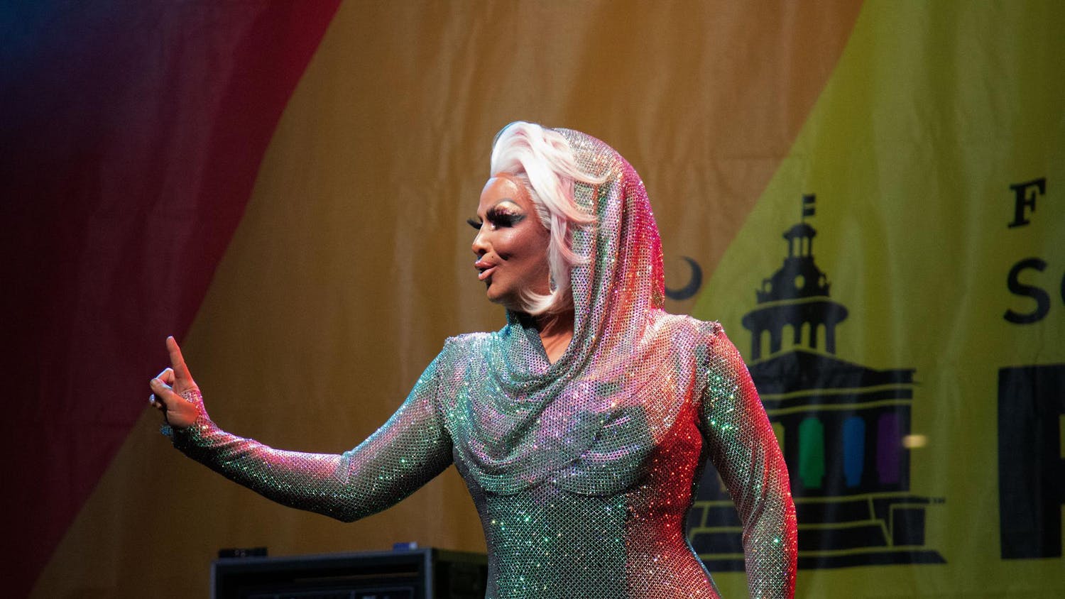 Drag performer Roxxxy Andrews performs a song at South Carolina Pride on Oct. 19, 2024. Roxxxy Andrews was one of many performers from RuPaul’s Drag Race, who performed during South Carolina Pride.