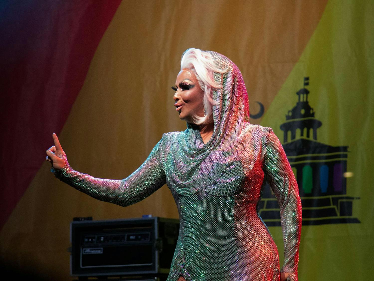 Drag performer Roxxxy Andrews performs a song at South Carolina Pride on Oct. 19, 2024. Roxxxy Andrews was one of many performers from RuPaul’s Drag Race, who performed during South Carolina Pride.