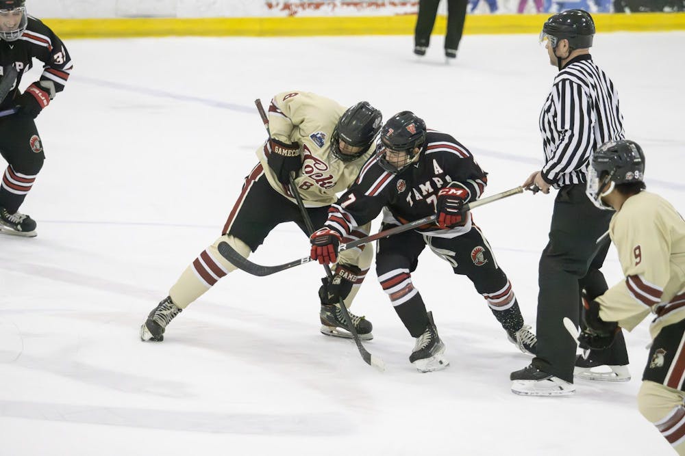 <p>Gamecock junior center Jake Puskar battles a member of the University of Tampa team for the puck during the game on Nov. 3, 2024. Puskar is the team captain for South Carolina.</p>