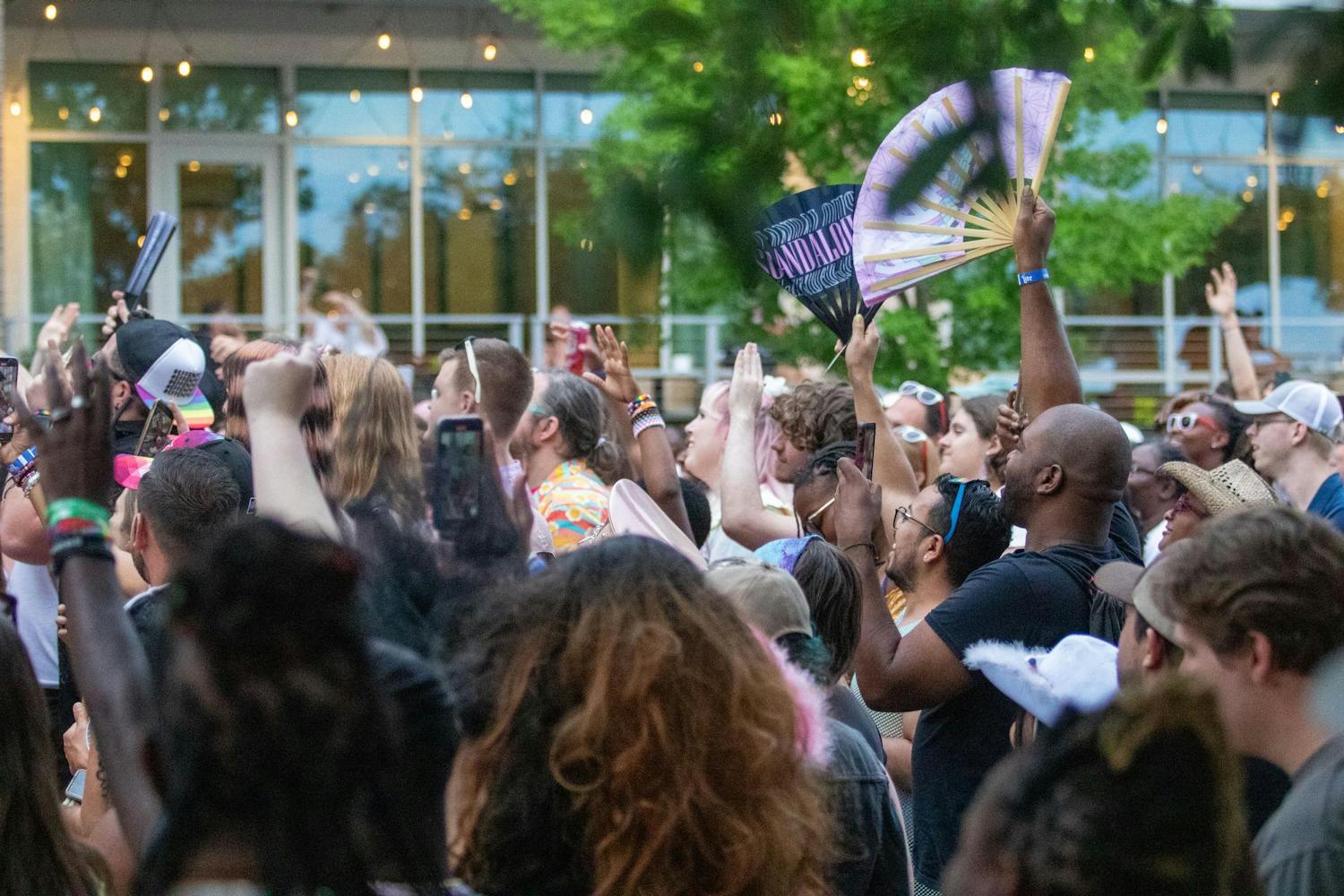 Supporters gather and cheer for a drag performer at Outfest on June 1, 2024. Along with the drag pageant, fans also had the chance to enjoy performances from past winners of the pageant and a performance by Vanessa Vanjie Mateo.