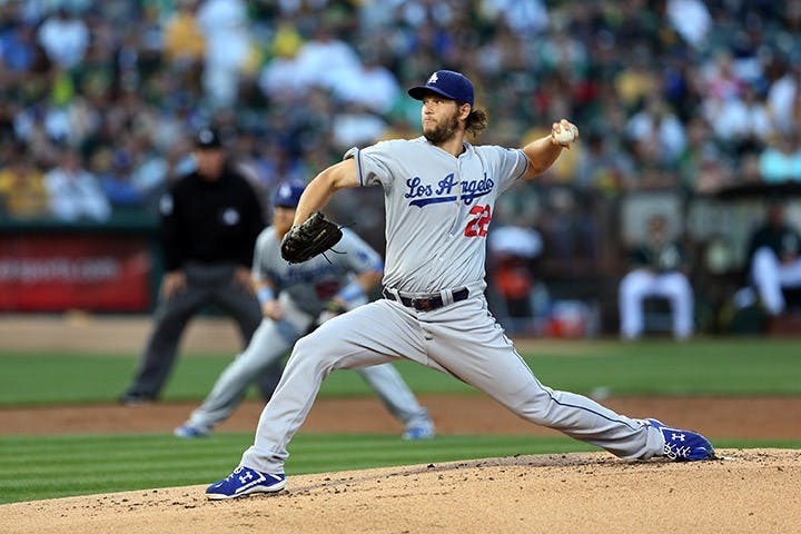Los Angeles Dodgers starting pitcher Clayton Kershaw (22) delivers against the Oakland Athletics during the first inning on Tuesday, Aug. 18, 2015, at O.co Coliseum in Oakland, Calif. (Ray Chavez/Bay Area News Group/TNS)