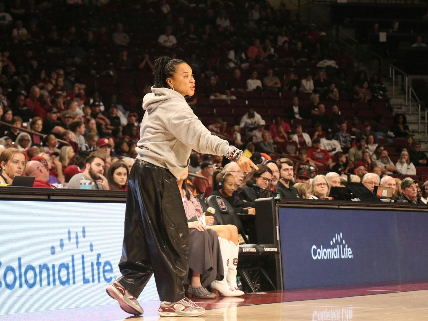 FILE — Head coach Dawn Staley directs players on where to make their next play against Queens University of Charlotte on Nov. 23, 2025, at Colonial Life Arena.