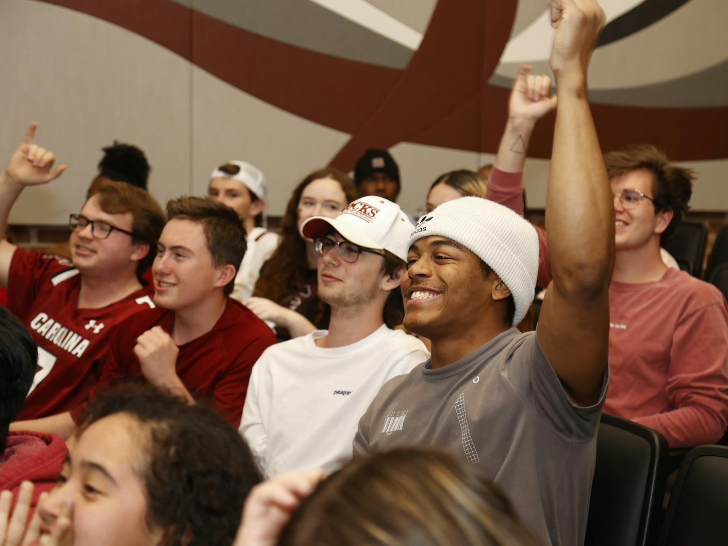 South Carolina students cheer on the women’s basketball team at a watch party in the Russell House Theater on April 3, 2022. The watch party was hosted by Gamecock Entertainment. &nbsp;