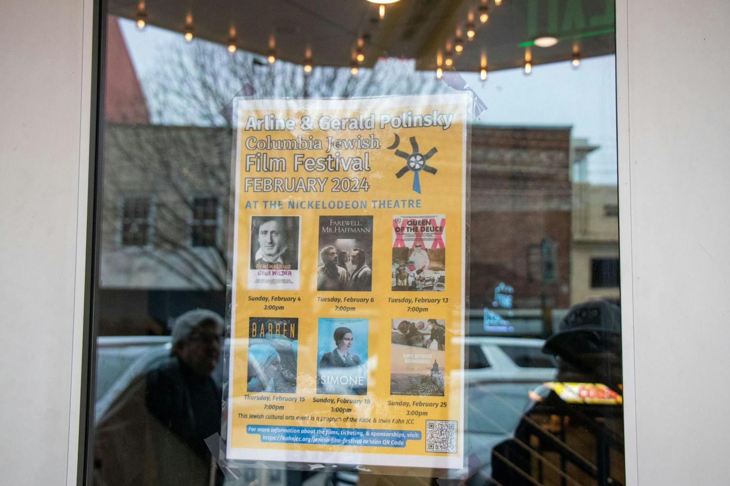 A poster for the Arline &amp; Gerald Polinsky Columbia Jewish Film Festival is displayed in the window of the Nickelodeon Theater in Columbia on Feb. 18, 2024. The festival showcases unique films highlighting Jewish culture and history.