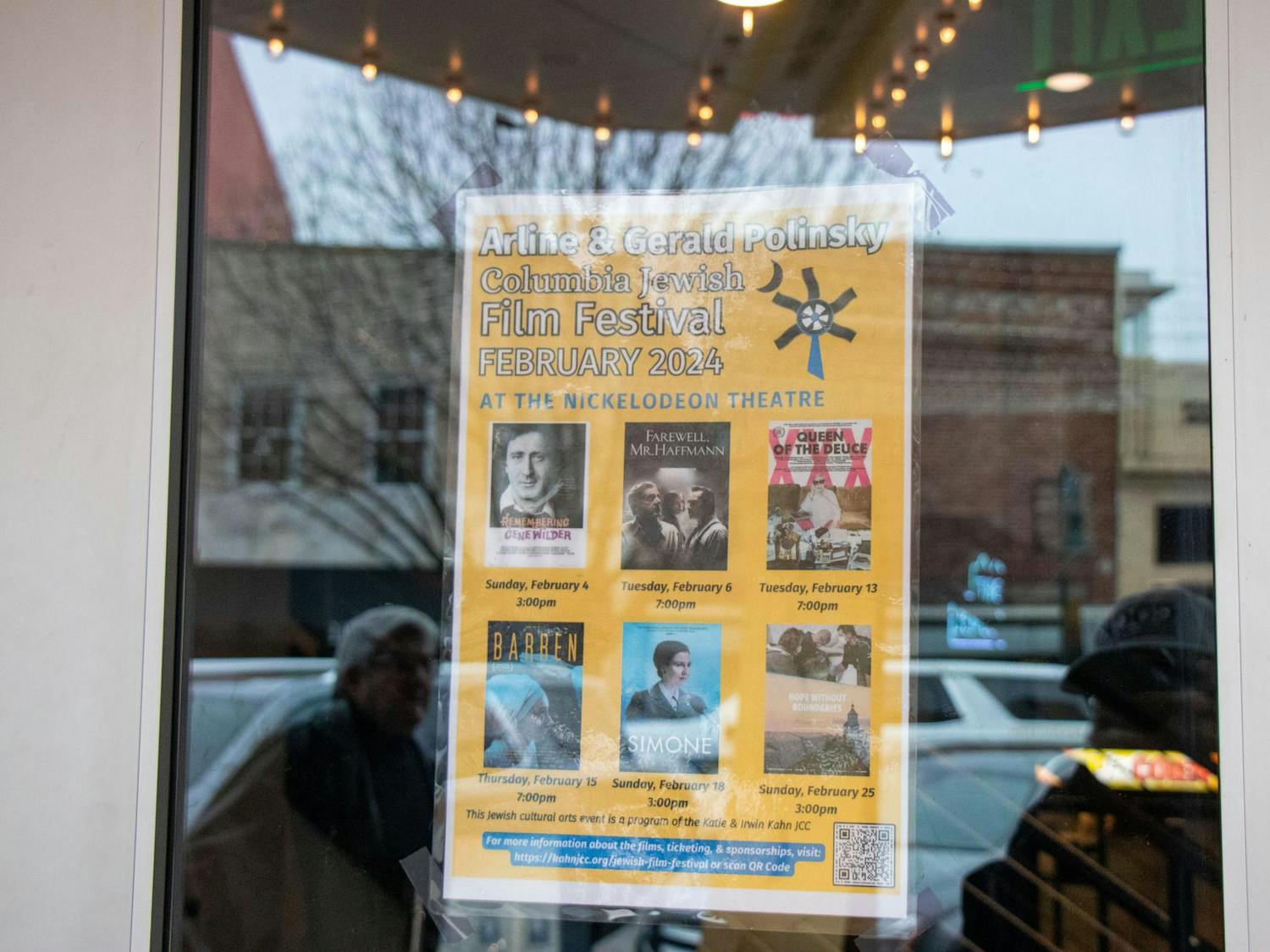 A poster for the Arline &amp; Gerald Polinsky Columbia Jewish Film Festival is displayed in the window of the Nickelodeon Theater in Columbia on Feb. 18, 2024. The festival showcases unique films highlighting Jewish culture and history.
