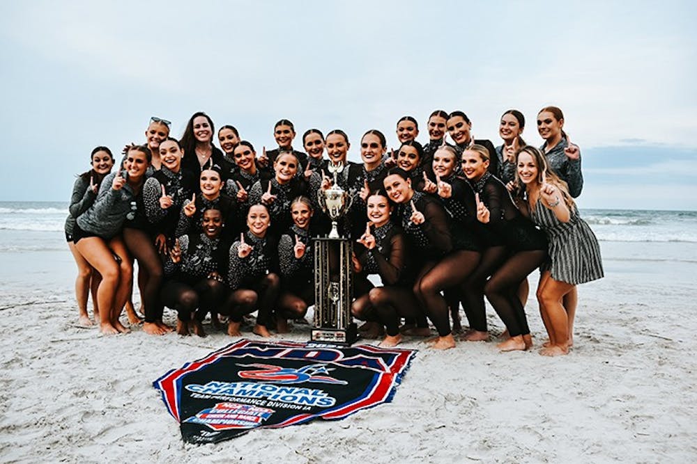 <p>The Carolina Girls dance team posing with the National Championship trophy.</p>