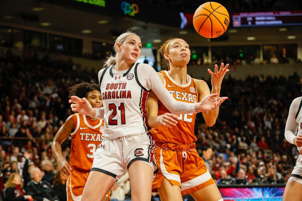 <p>FILE – Junior forward Chloe Kitts fights for the ball during a game against Texas on Jan. 12, 2025. South Carolina holds a 22-1 (10-0 SEC) record on the season.</p>