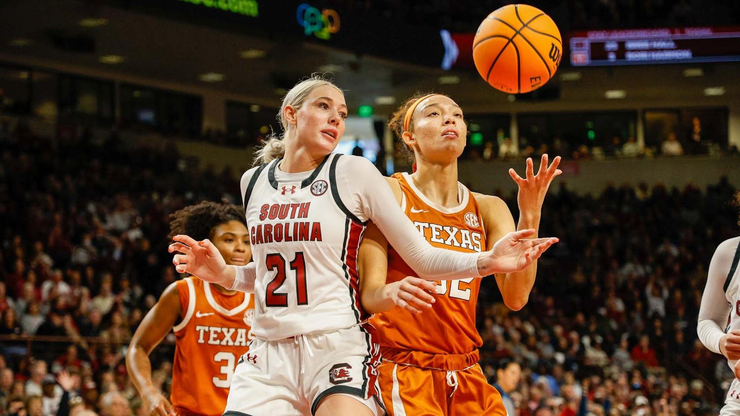 FILE – Junior forward Chloe Kitts fights for the ball during a game against Texas on Jan. 12, 2025. South Carolina holds a 22-1 (10-0 SEC) record on the season.