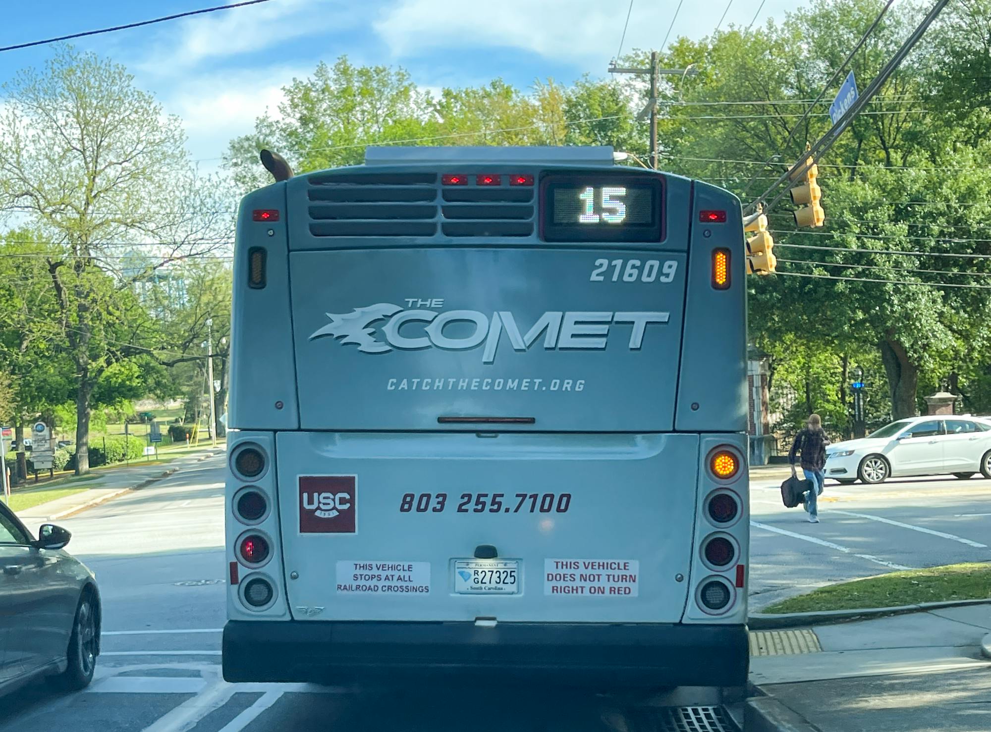 A Comet bus travels through Columbia on March 29, 2023. The bus displays USC’s new spirit mark on the back. 