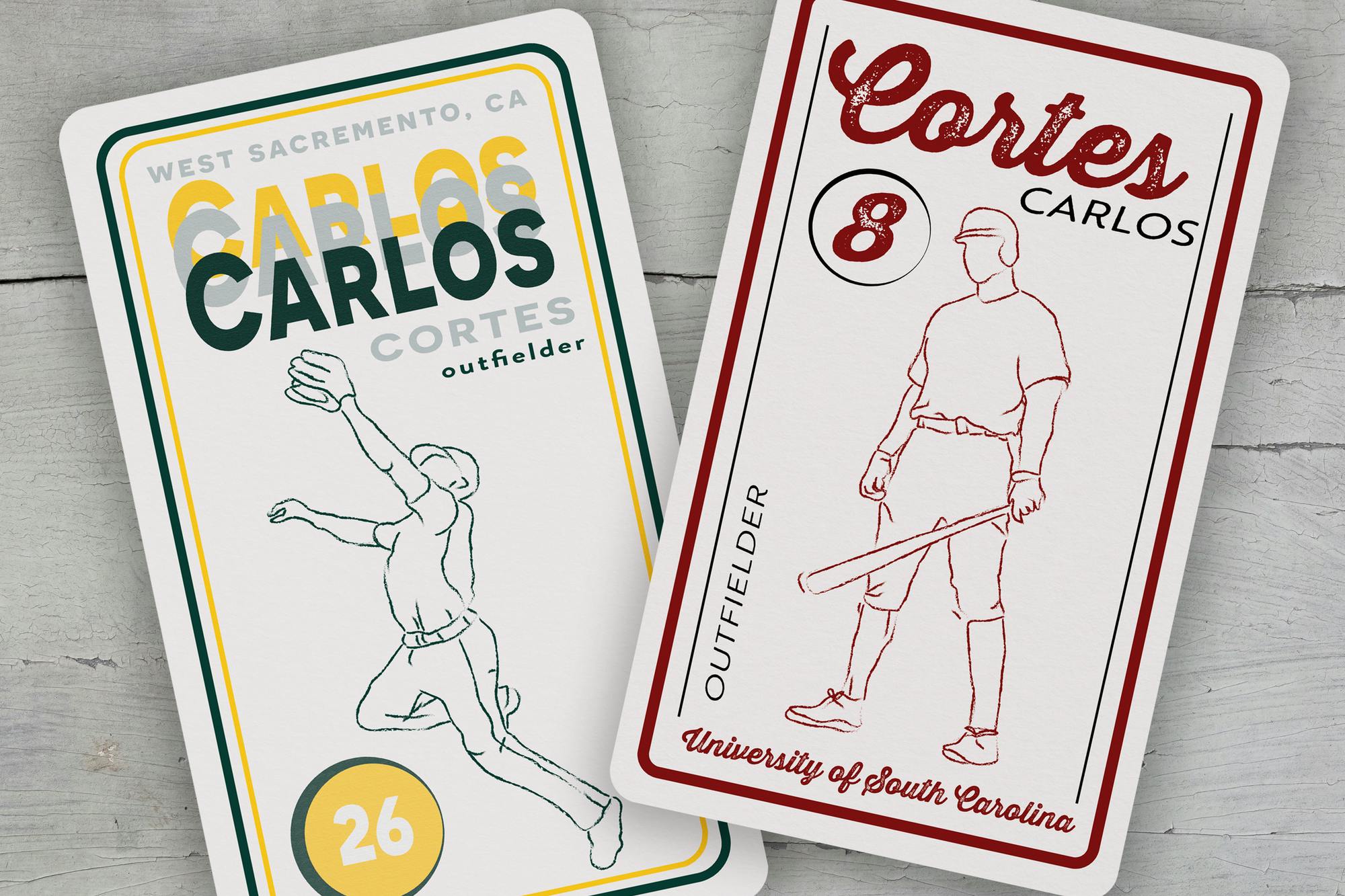 Illustration of baseball cards featuring outfielder Carlos Cortes from his time at USC and with the Athletics.