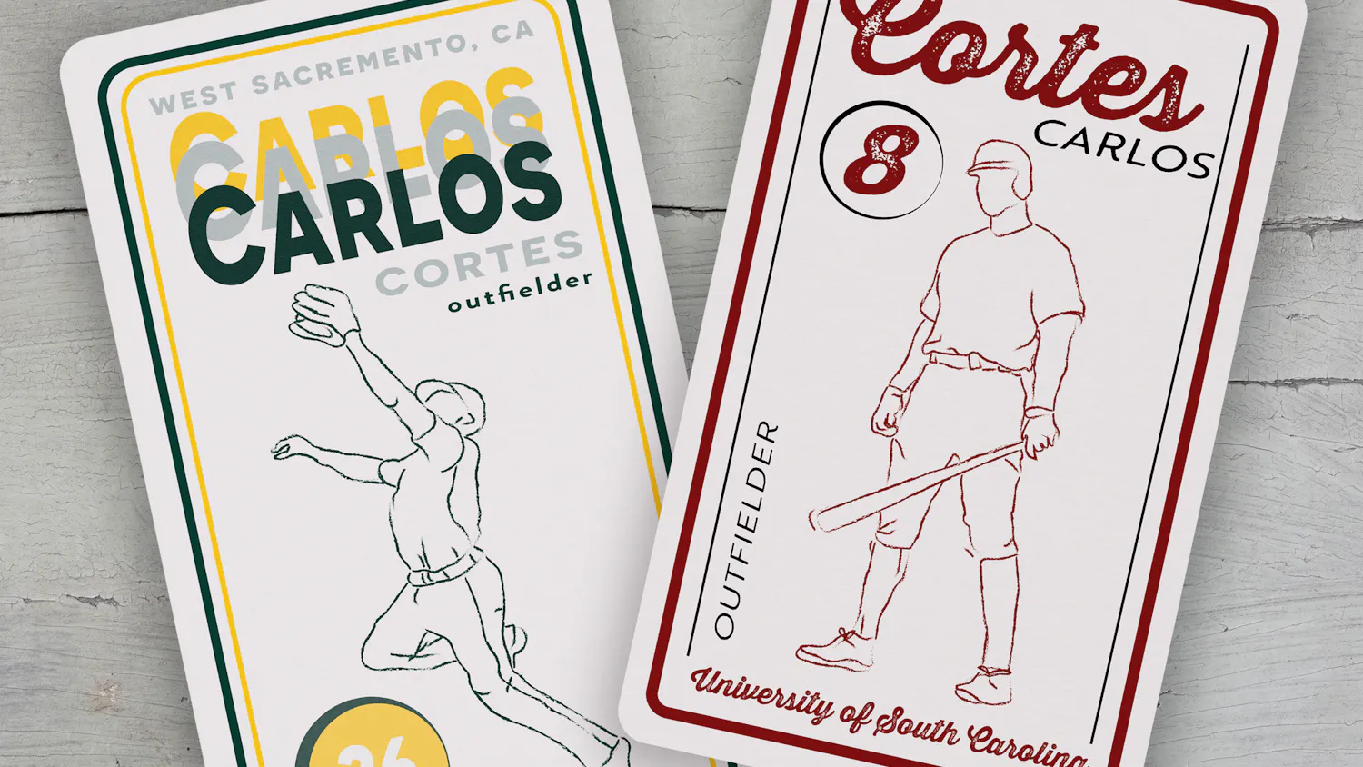 Illustration of baseball cards featuring outfielder Carlos Cortes from his time at USC and with the Athletics.